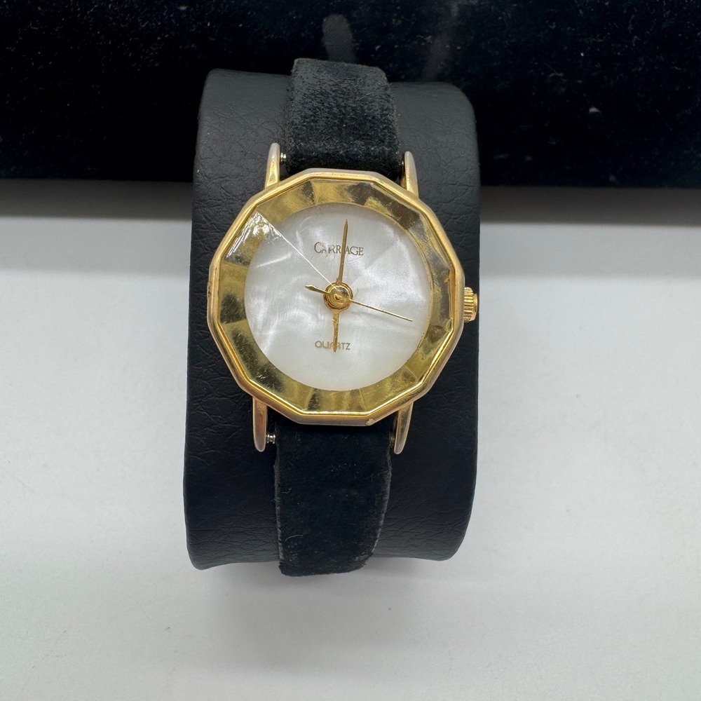 Carriage by Timex Womens Watch Gold Tone Decagon Mother‎ of Pearl Black Leather